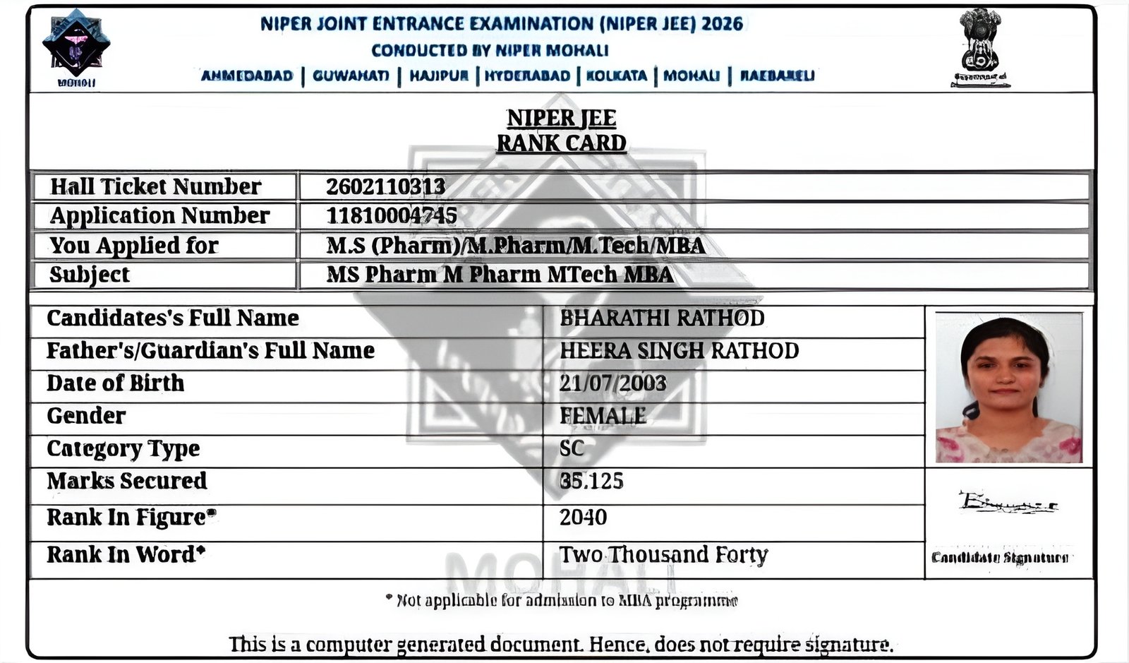 Ms. Bharati Rathod NIPER JEE Rank Card